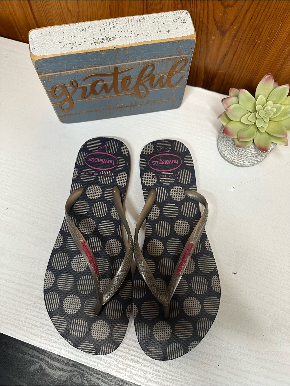 Havaianas Navy Polka Dot Flip Flops with Metallic Tan Straps